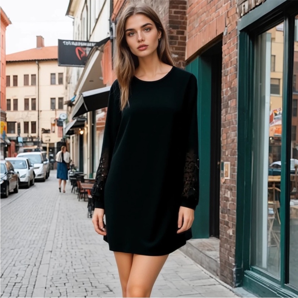 H&M black crochet detail ballon sleeve dress